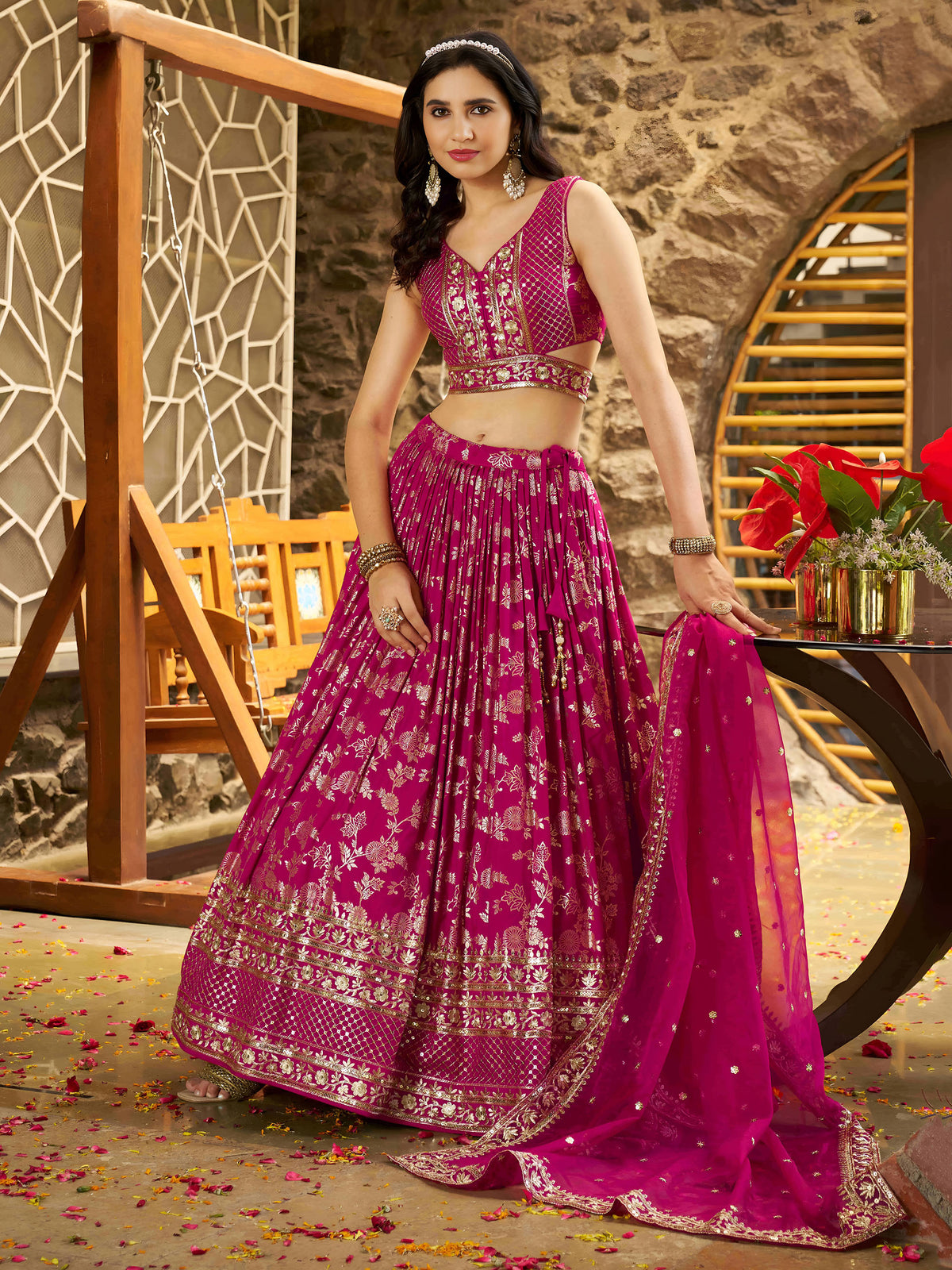 Rani Pink Zari Embroidery Dola Silk & Jacquard Festive Lehenga