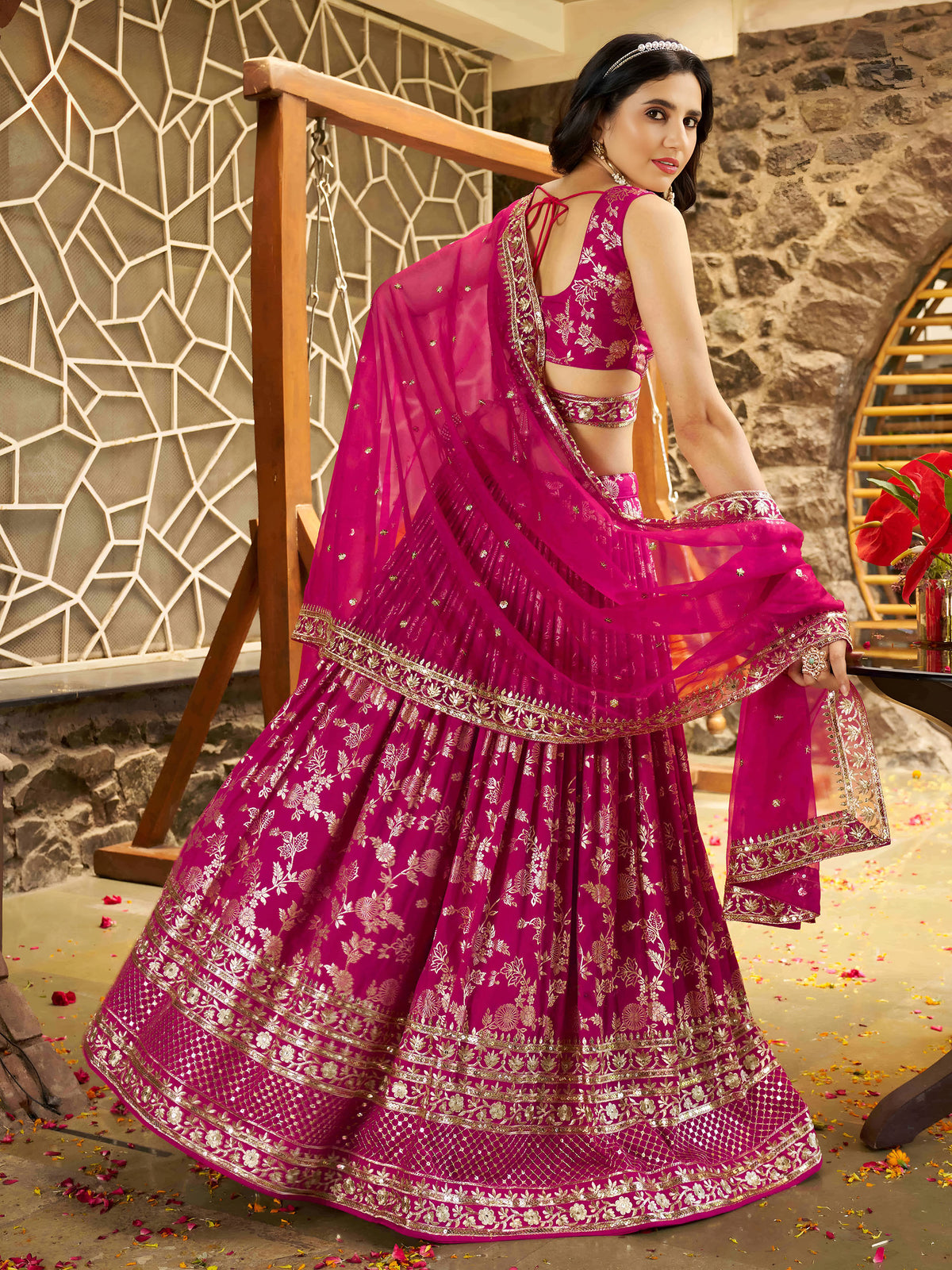 Rani Pink Zari Embroidery Dola Silk & Jacquard Festive Lehenga