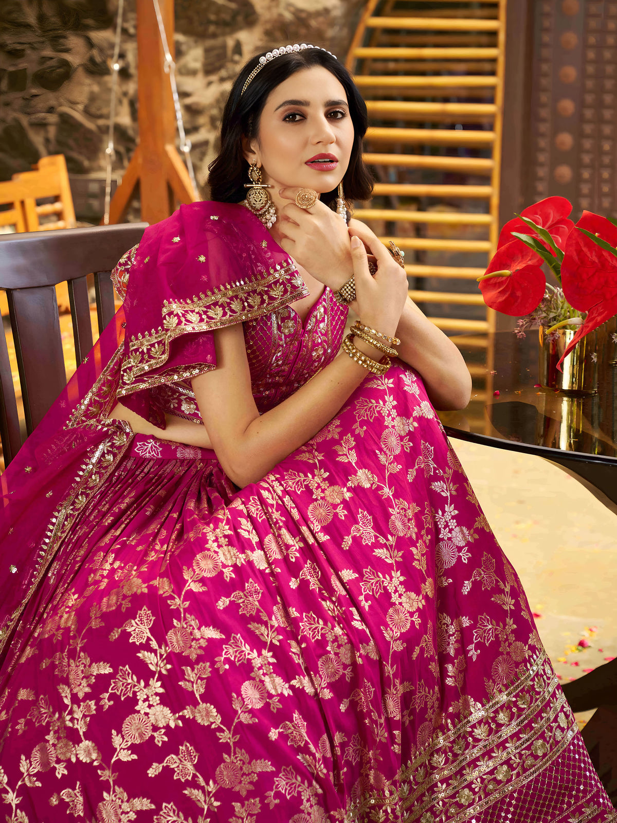 Rani Pink Zari Embroidery Dola Silk & Jacquard Festive Lehenga