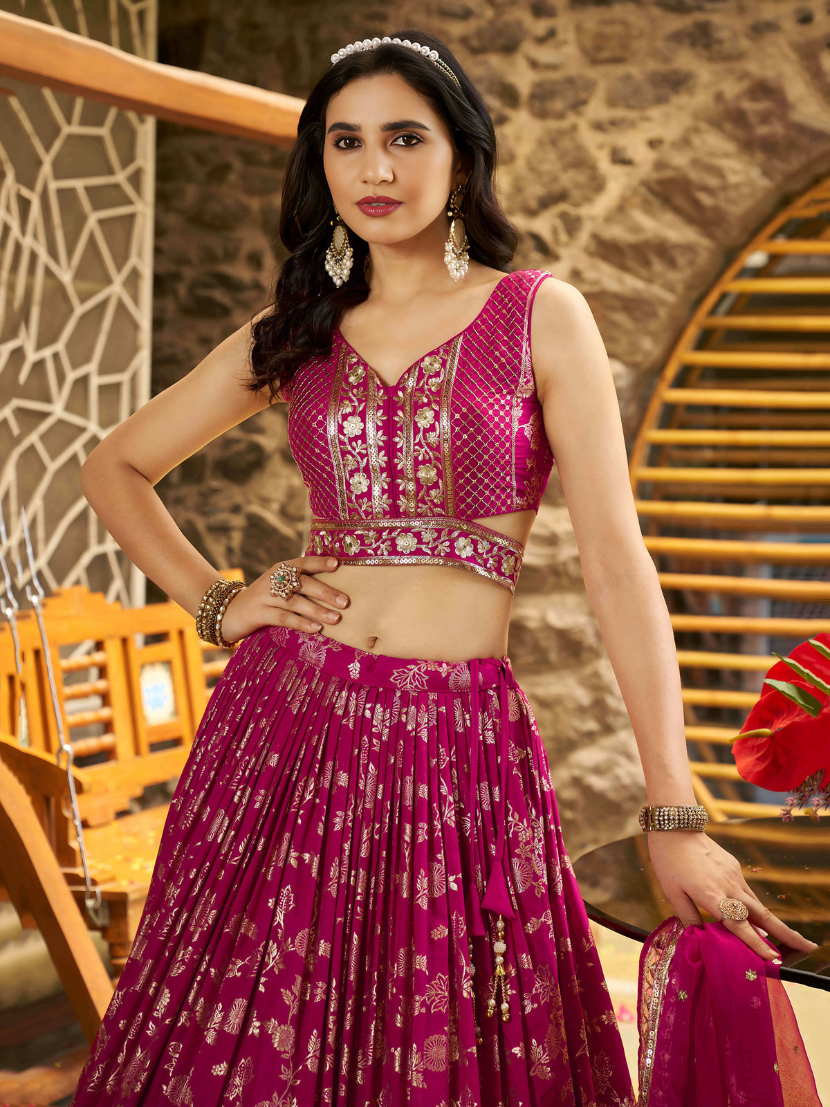 Rani Pink Zari Embroidery Dola Silk & Jacquard Festive Lehenga