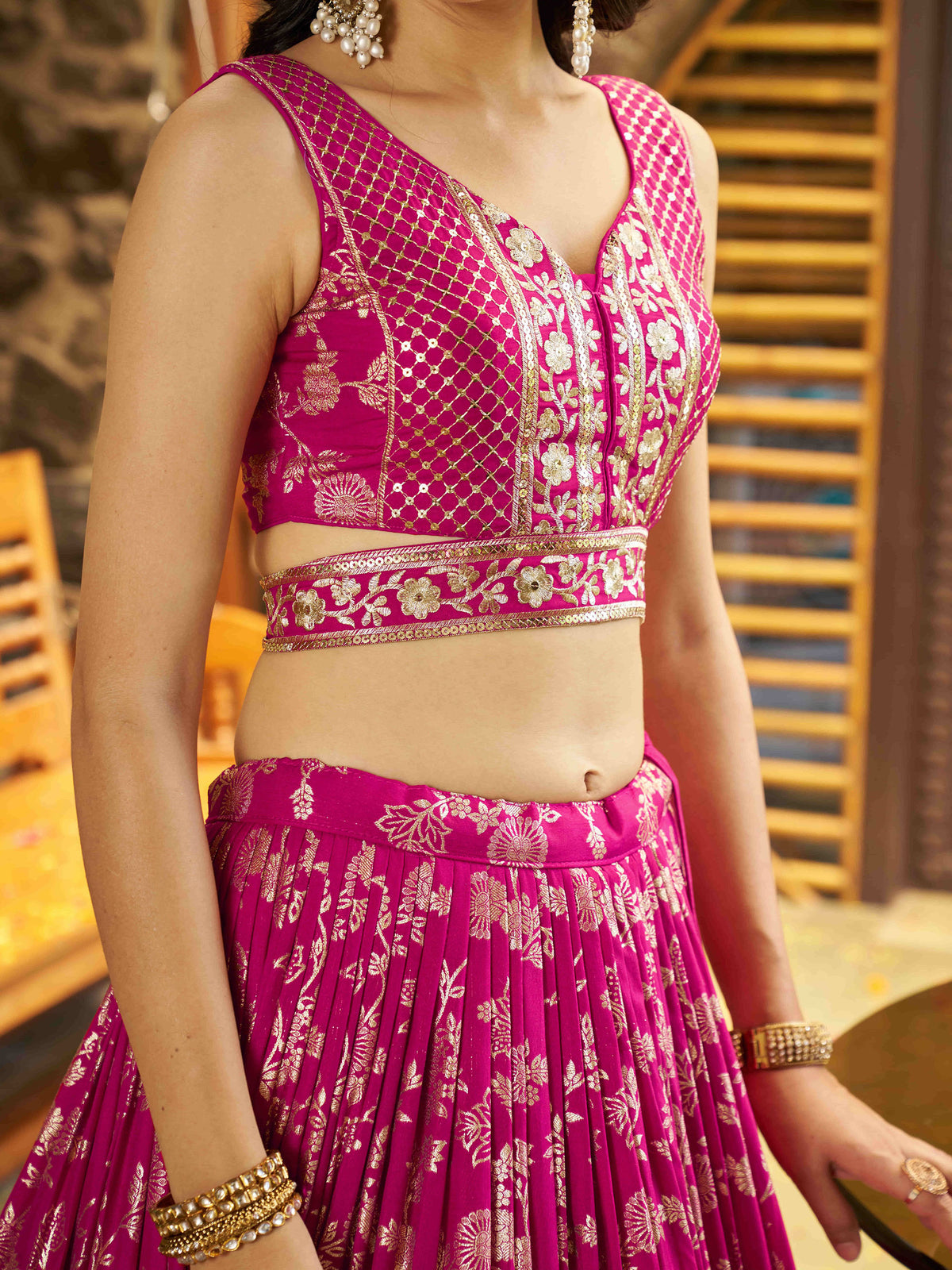 Rani Pink Zari Embroidery Dola Silk & Jacquard Festive Lehenga