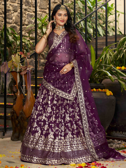 Wine Zari Embroidery Dola Silk & Jacquard Bridesmaid Lehenga Choli for Wedding