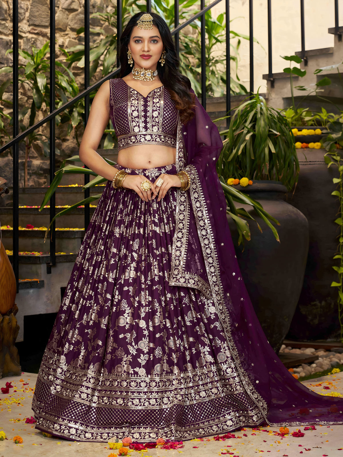 Wine Zari Embroidery Dola Silk & Jacquard Bridesmaid Lehenga Choli for Wedding