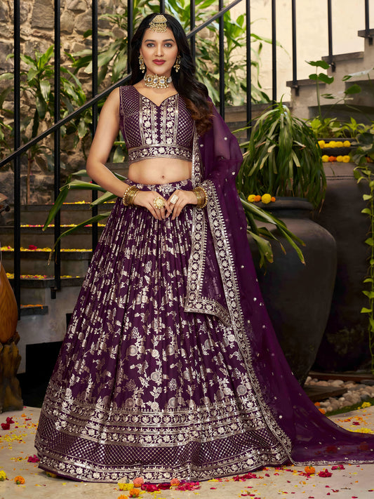 Wine Zari Embroidery Dola Silk & Jacquard Bridesmaid Lehenga Choli for Wedding