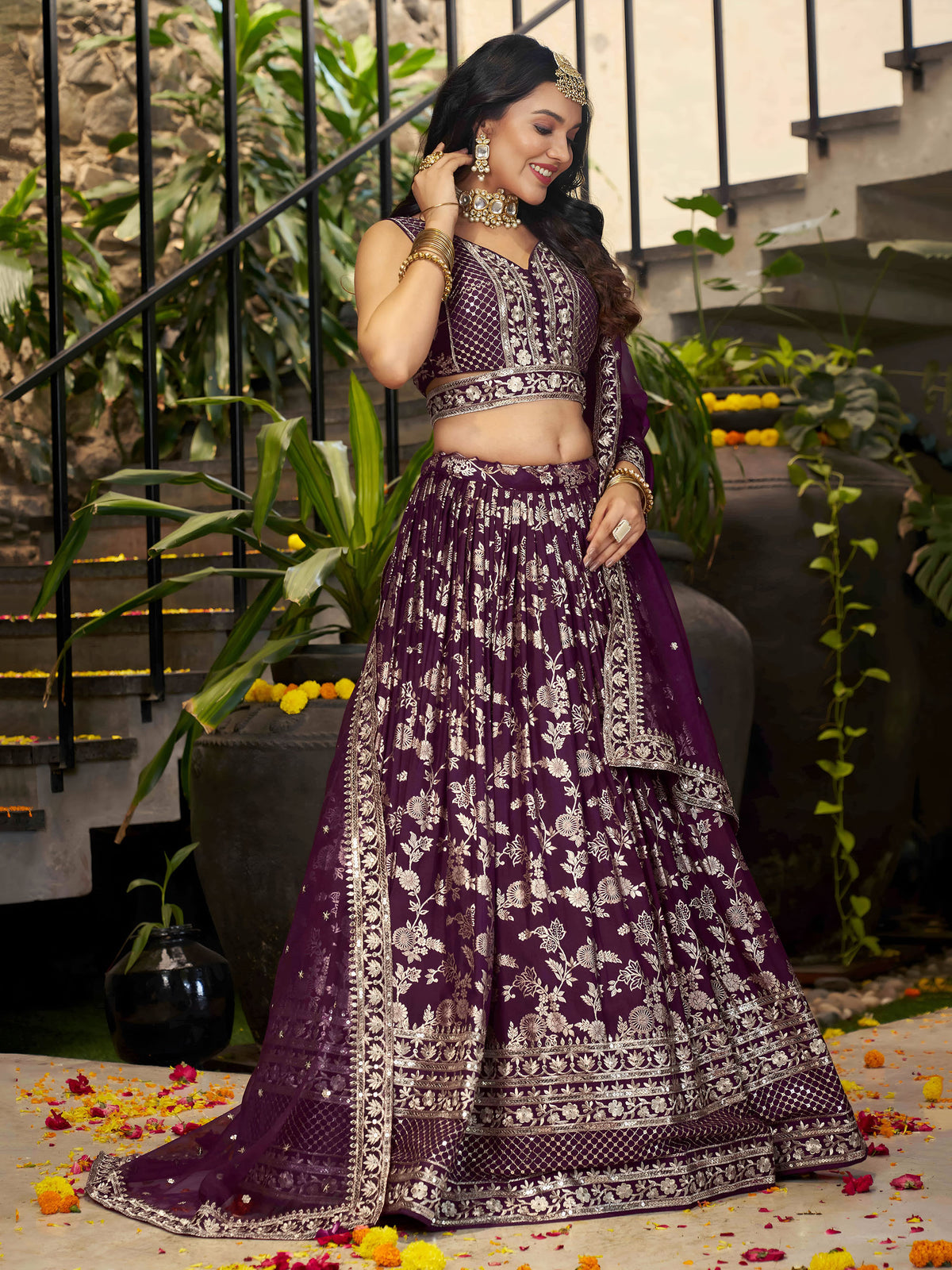 Wine Zari Embroidery Dola Silk & Jacquard Bridesmaid Lehenga Choli for Wedding
