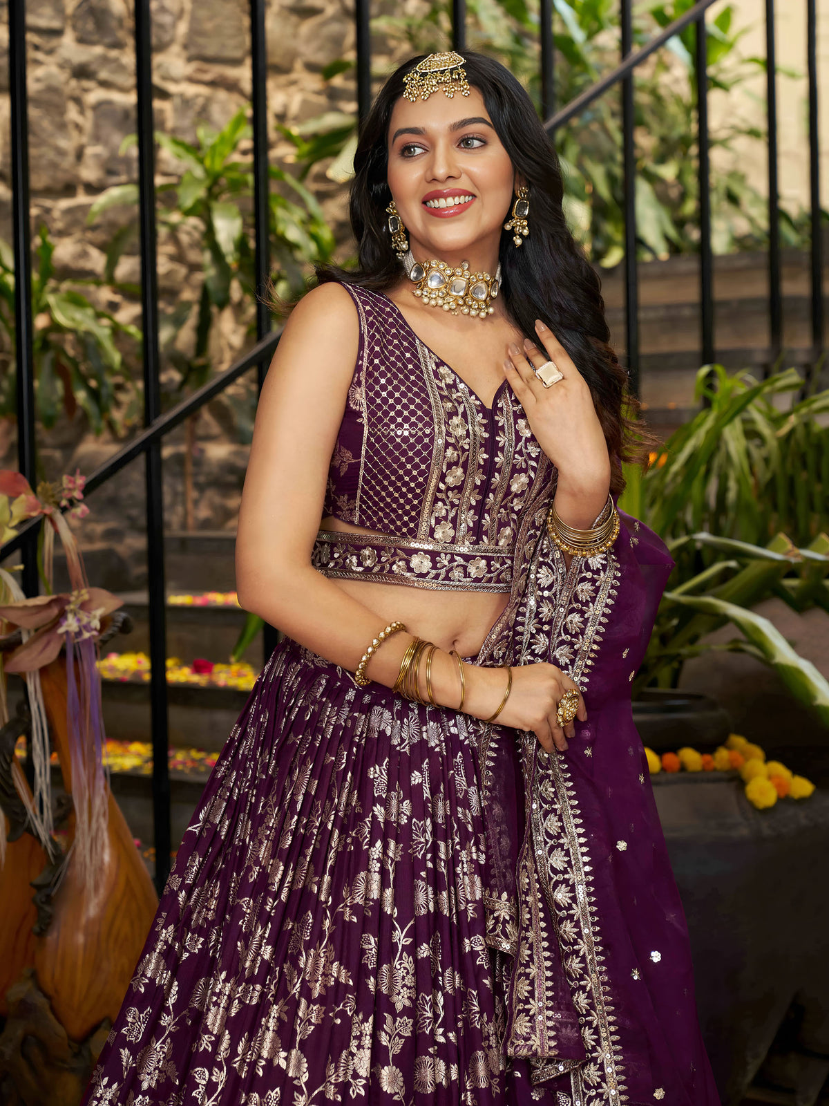 Wine Zari Embroidery Dola Silk & Jacquard Bridesmaid Lehenga Choli for Wedding