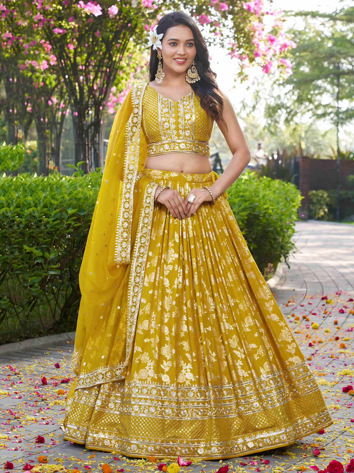 Yellow Zari Embroidery Dola Silk & Jacquard  Lehenga Choli for Haldi