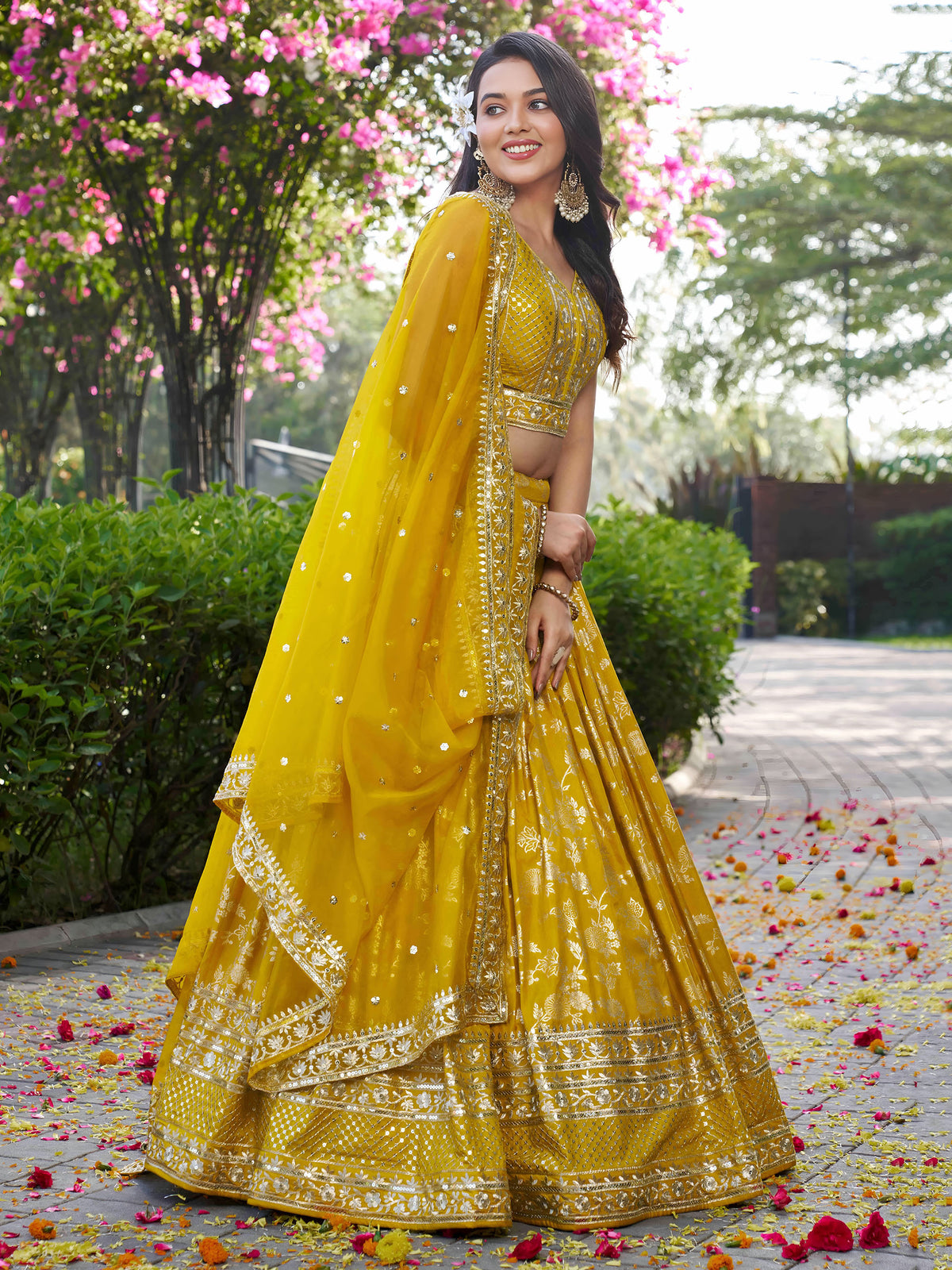 Yellow Zari Embroidery Dola Silk & Jacquard  Lehenga Choli for Haldi