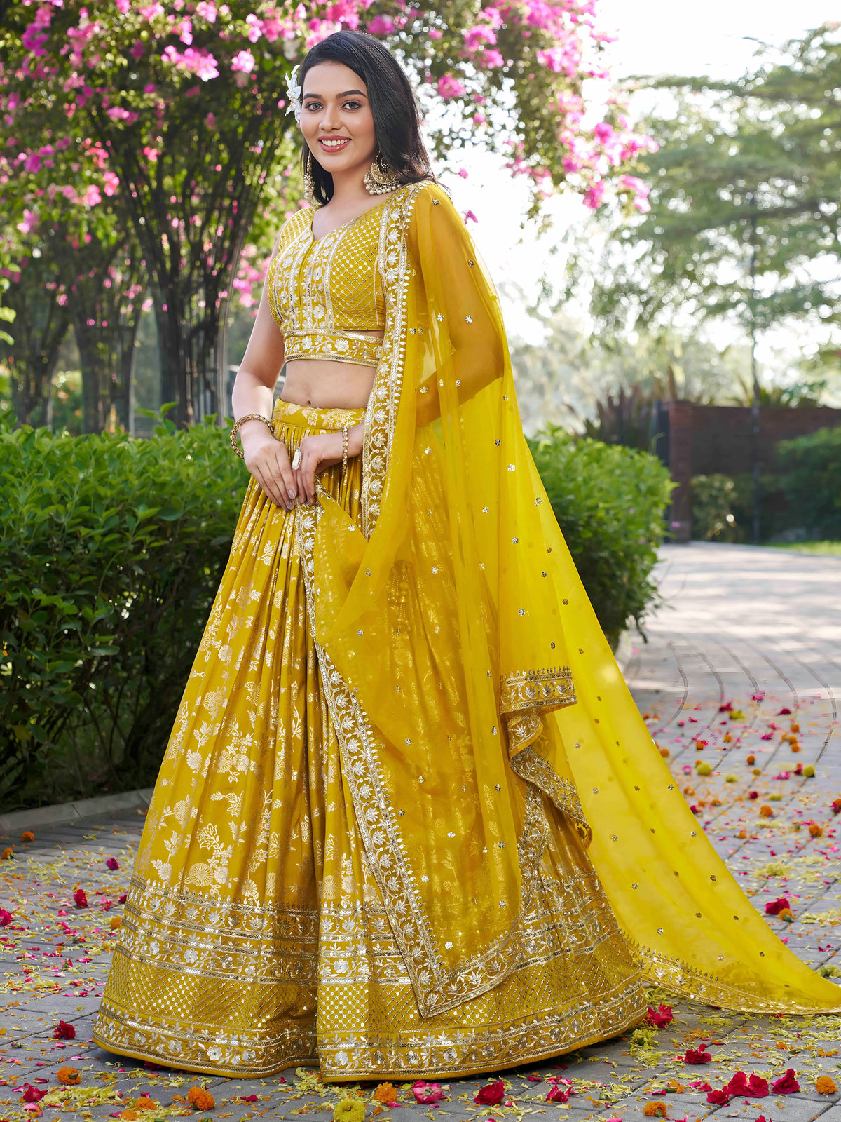 Yellow Zari Embroidery Dola Silk & Jacquard  Lehenga Choli for Haldi