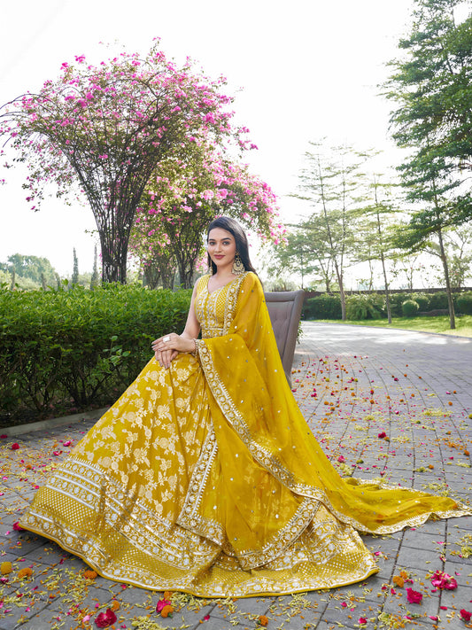 Yellow Zari Embroidery Dola Silk & Jacquard  Lehenga Choli for Haldi