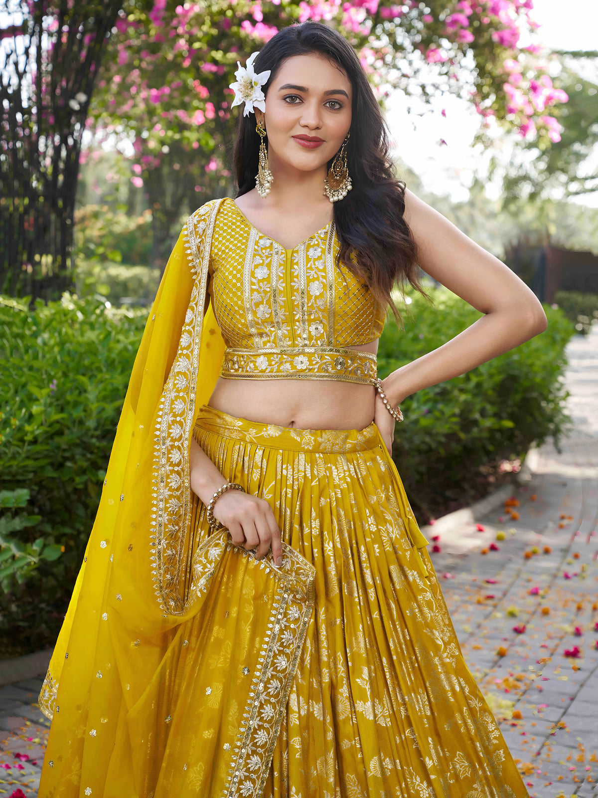 Yellow Zari Embroidery Dola Silk & Jacquard  Lehenga Choli for Haldi
