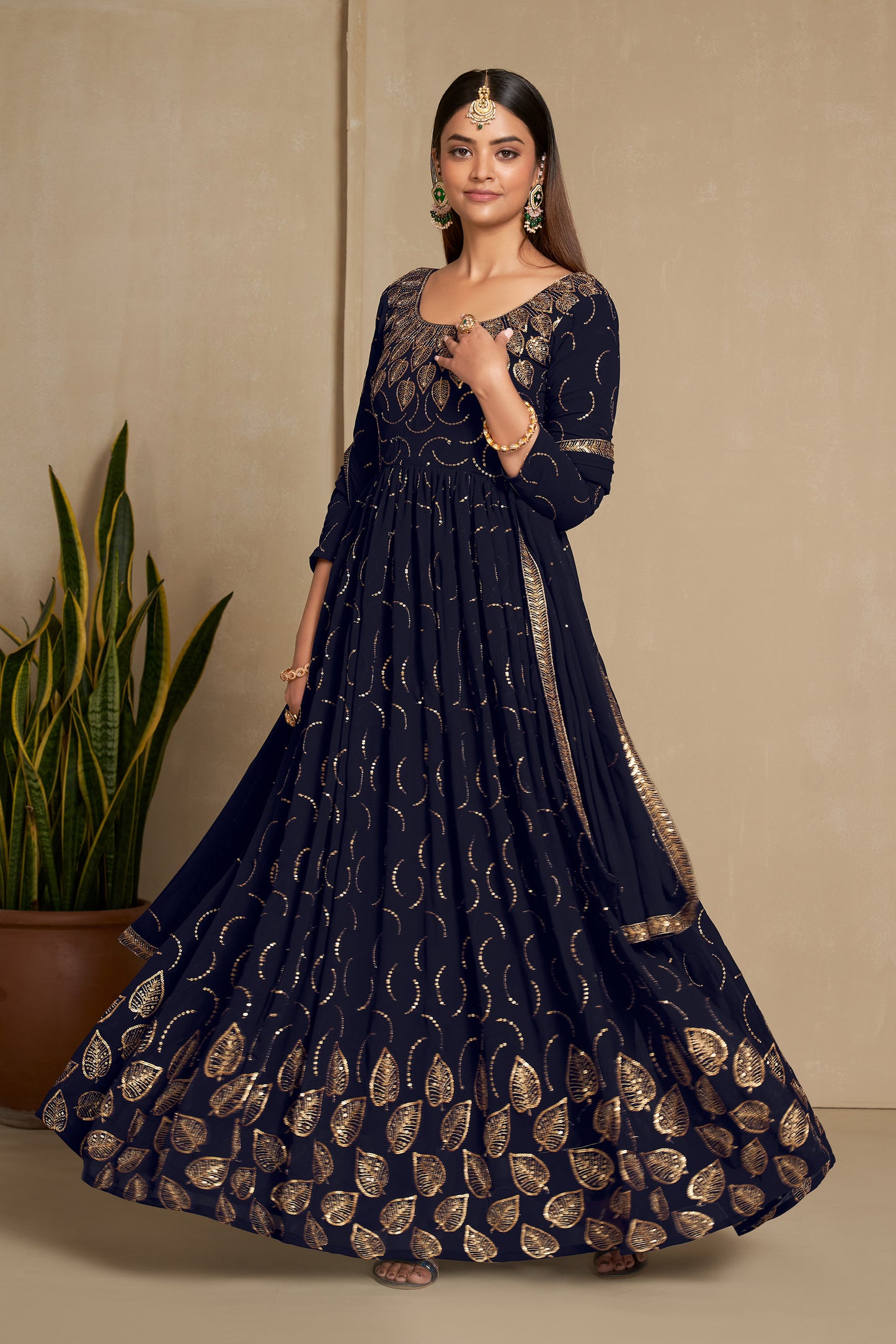 Navy Blue Faux Georgette Sequins Embroidery Gown