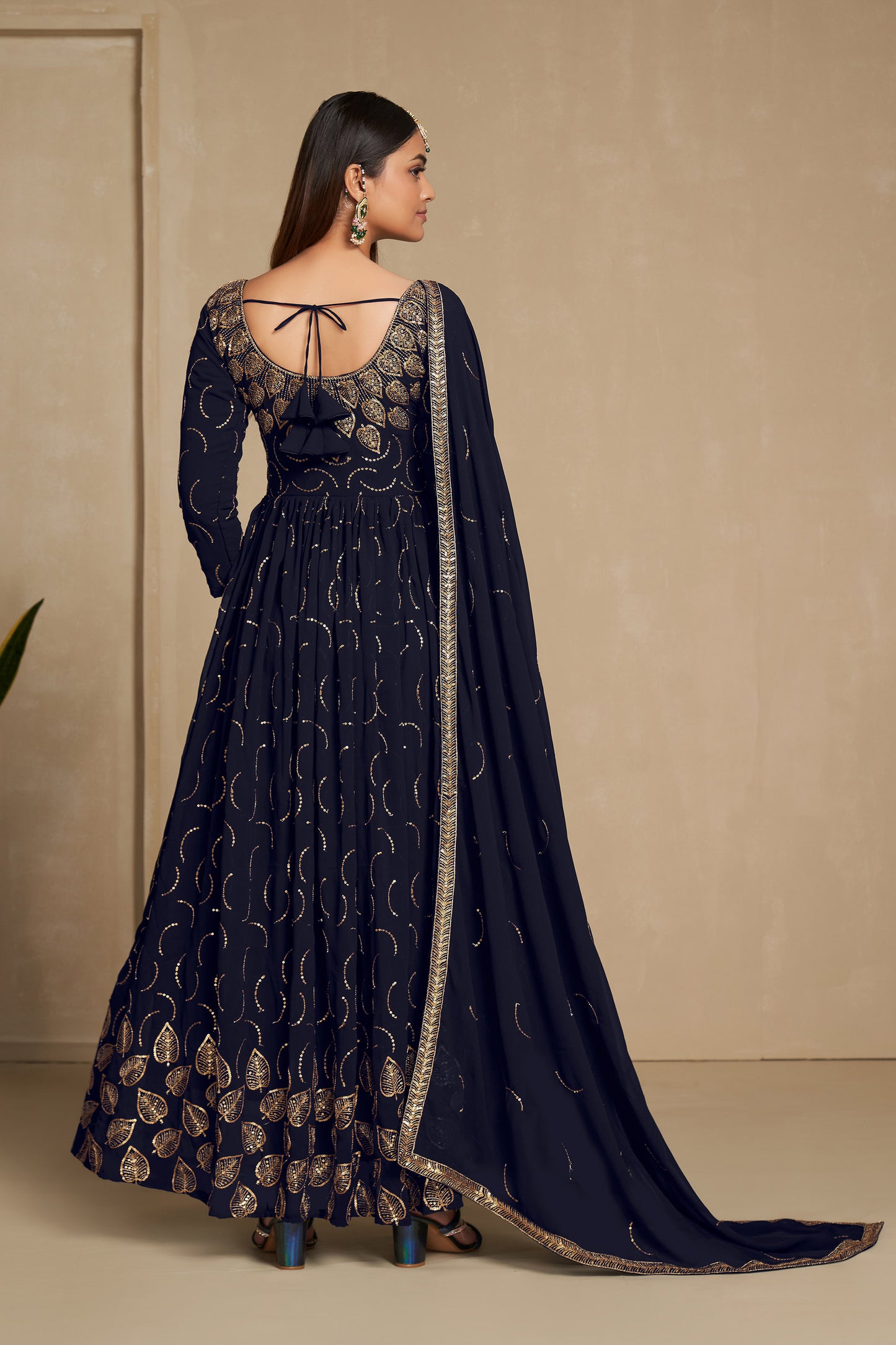 Navy Blue Faux Georgette Sequins Embroidery Gown