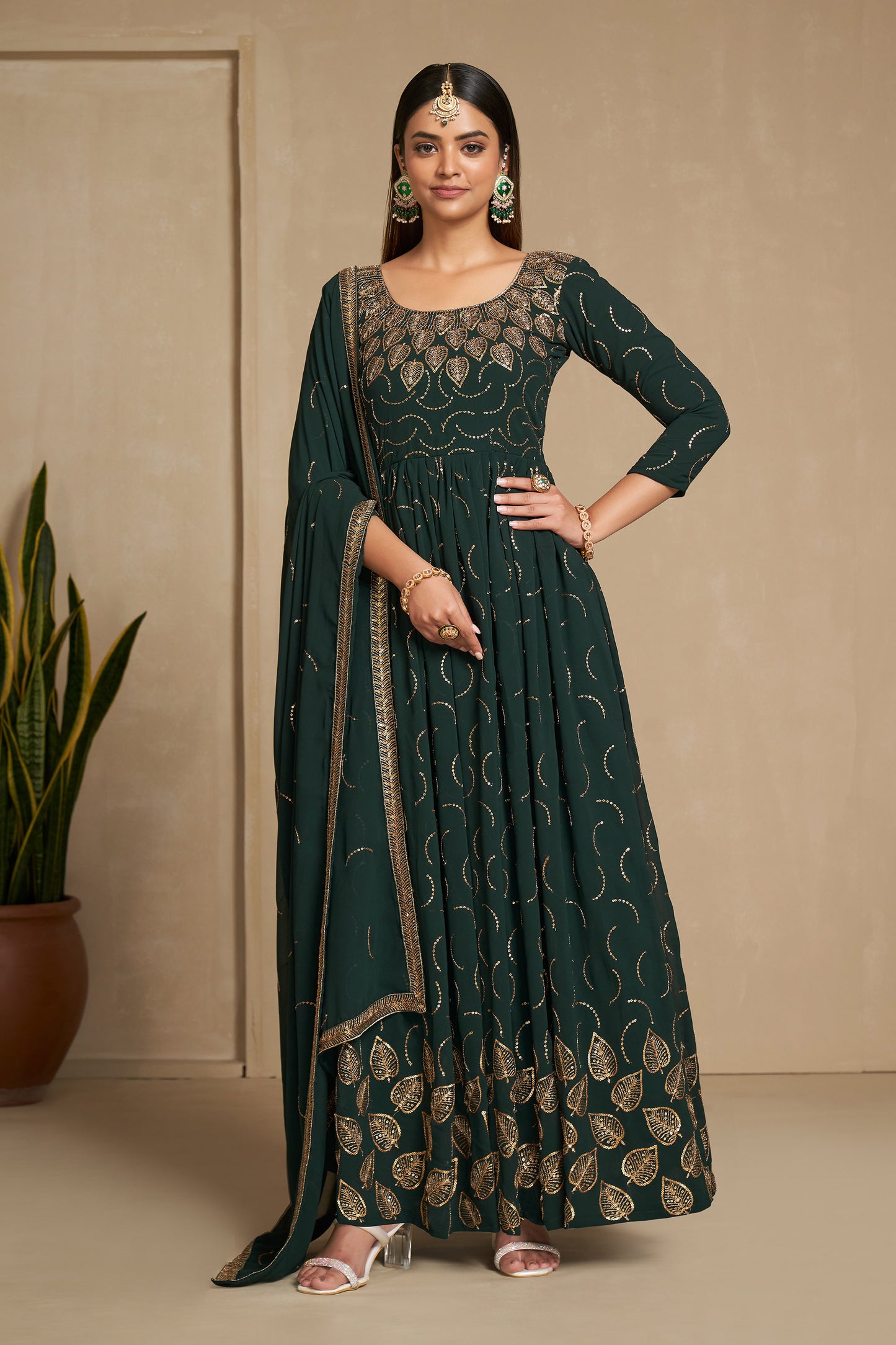 Green Faux Georgette Sequins Embroidery Gown