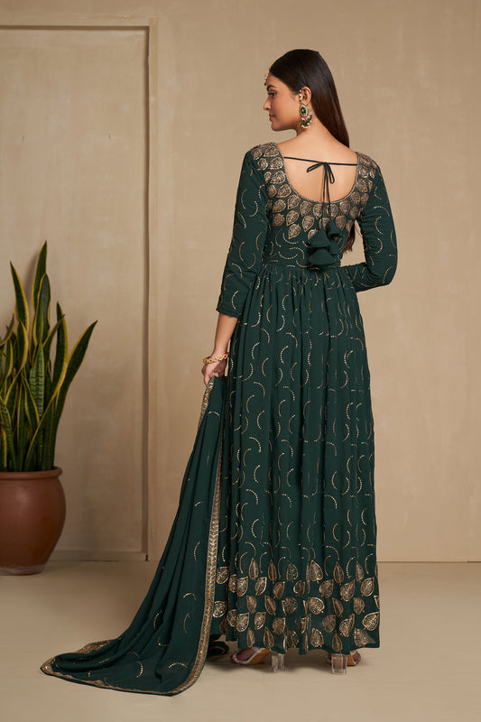 Green Faux Georgette Sequins Embroidery Gown