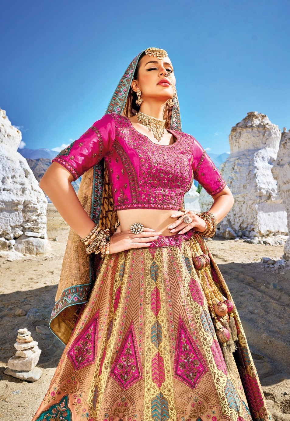 Pink and Beige Color Sequins Embroidered Banaras Silk Bridal Lehenga