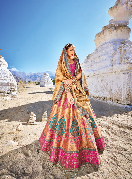 Pink and Beige Color Sequins Embroidered Banaras Silk Bridal Lehenga