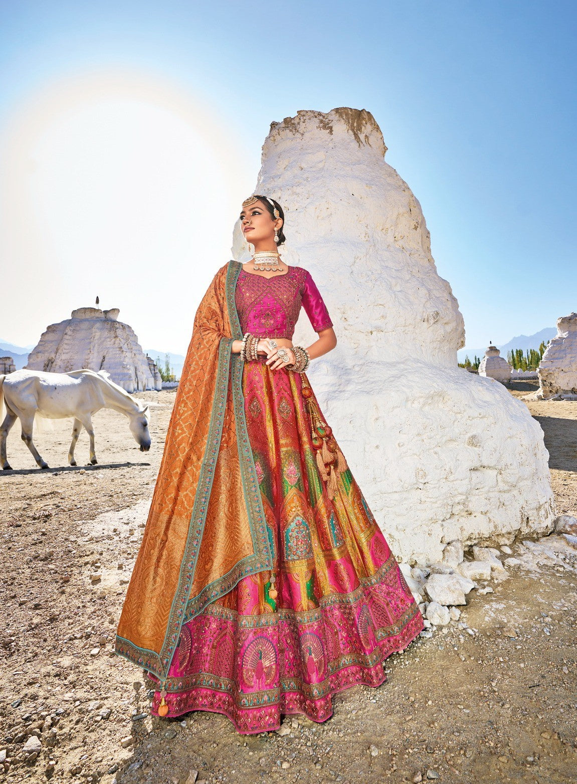 Multi Color Sequins Embroidered Banaras Silk Bridal Lehenga