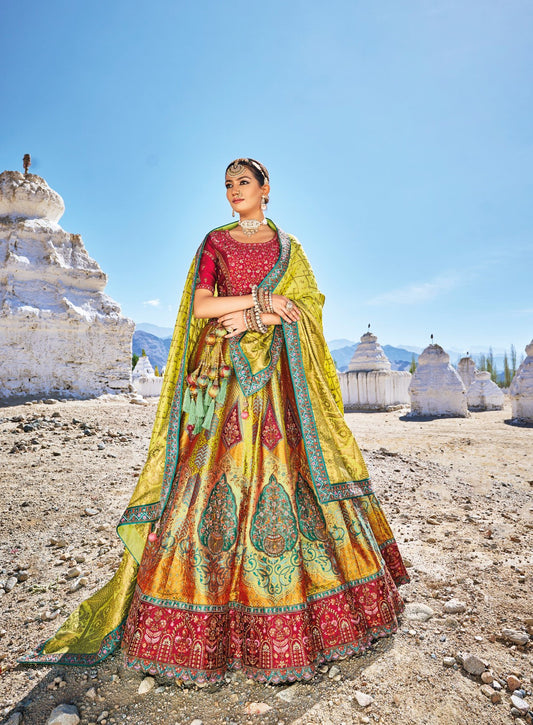 Green and Red Color Sequins Embroidered Banaras Silk Bridal Lehenga