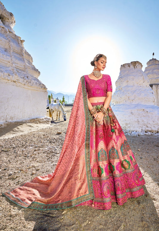 Dark Pink and Peach Color Sequins Embroidered Banaras Silk Bridal Lehenga