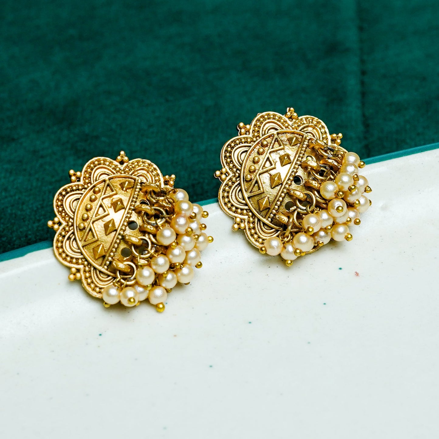 Zevar Club Antique Silver-Toned Statement Stud Earrings with Pearl Cluster Drops & Carved Motif