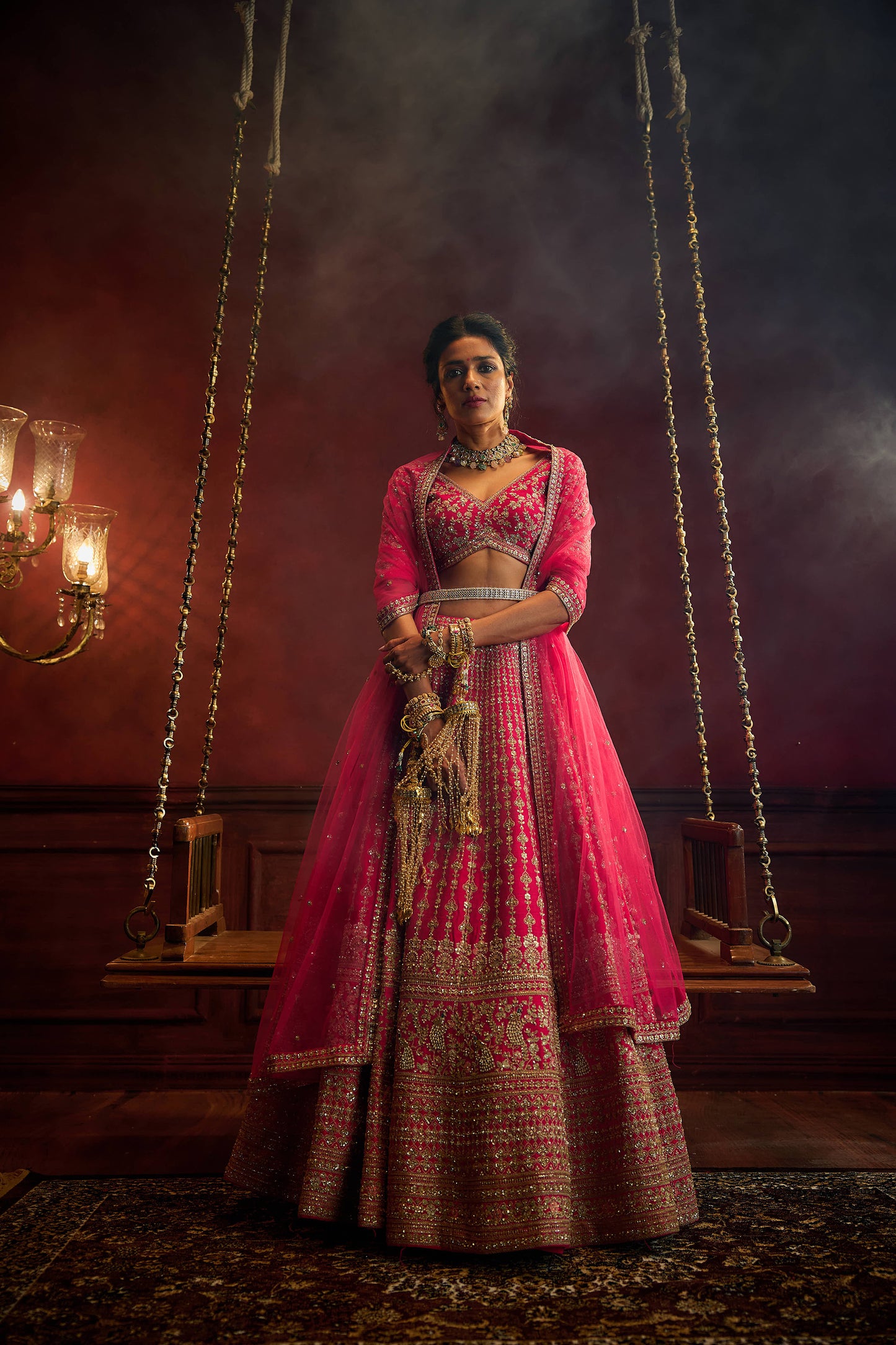 Rani Pink Raw Silk Hand & Machine Embroidered Lehenga Set