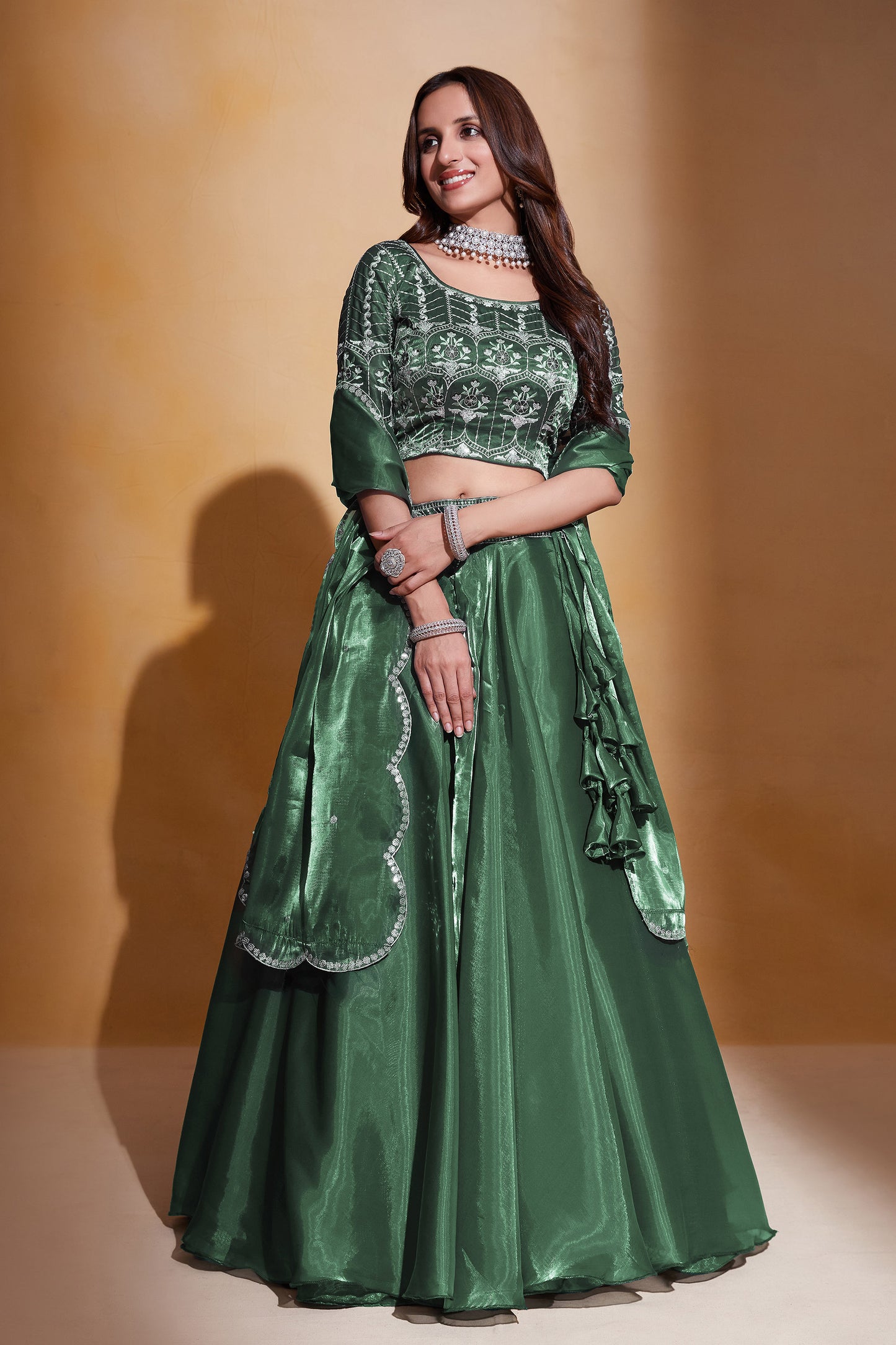 Green Organza Silk Sequins Embroidery Lehenga