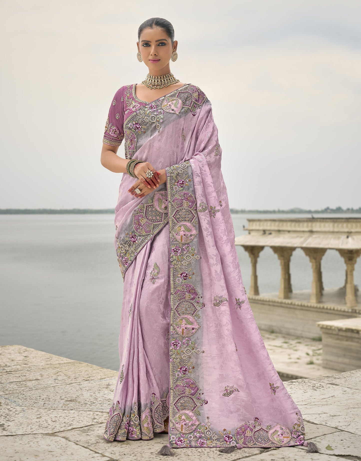 Lavender Pure Viscose Jacquard Khatli, Zari Embroidered Sangeet Saree