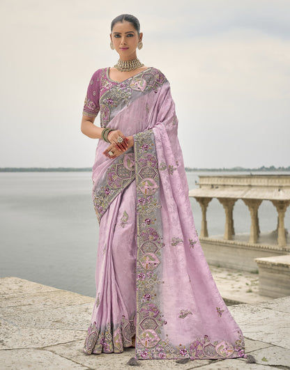 Lavender Pure Viscose Jacquard Khatli, Zari Embroidered Sangeet Saree