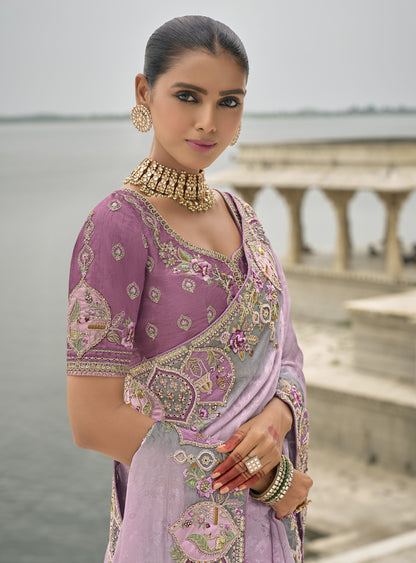 Lavender Pure Viscose Jacquard Khatli, Zari Embroidered Sangeet Saree