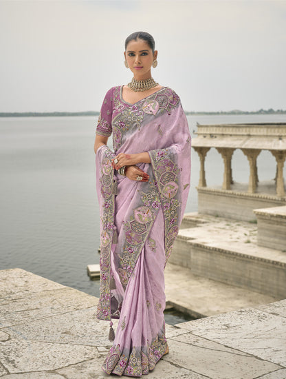 Lavender Pure Viscose Jacquard Khatli, Zari Embroidered Sangeet Saree
