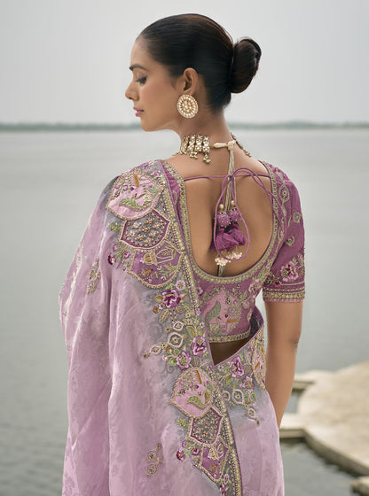 Lavender Pure Viscose Jacquard Khatli, Zari Embroidered Sangeet Saree