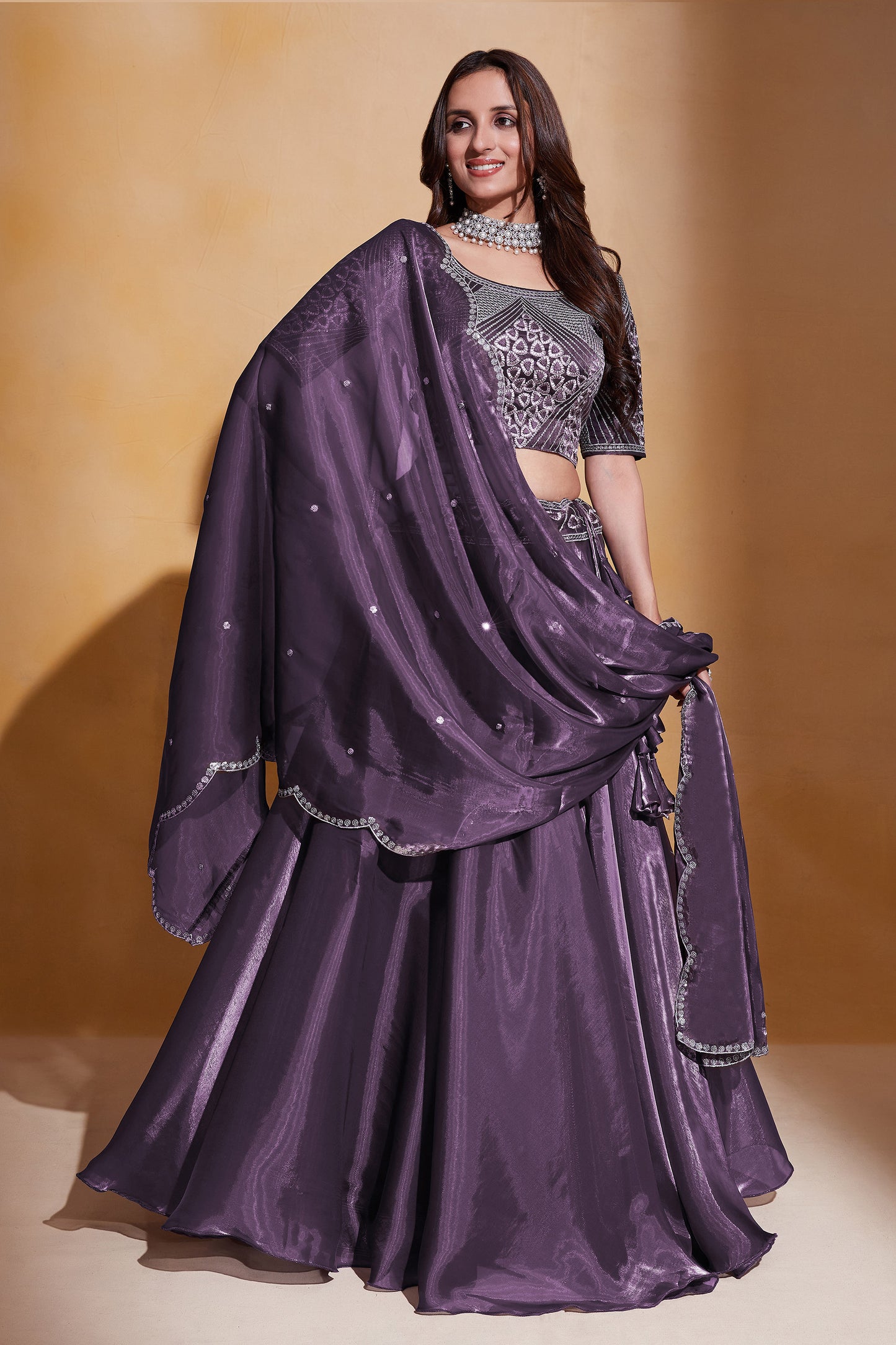 Purple Organza Silk Sequins Embroidery Lehenga