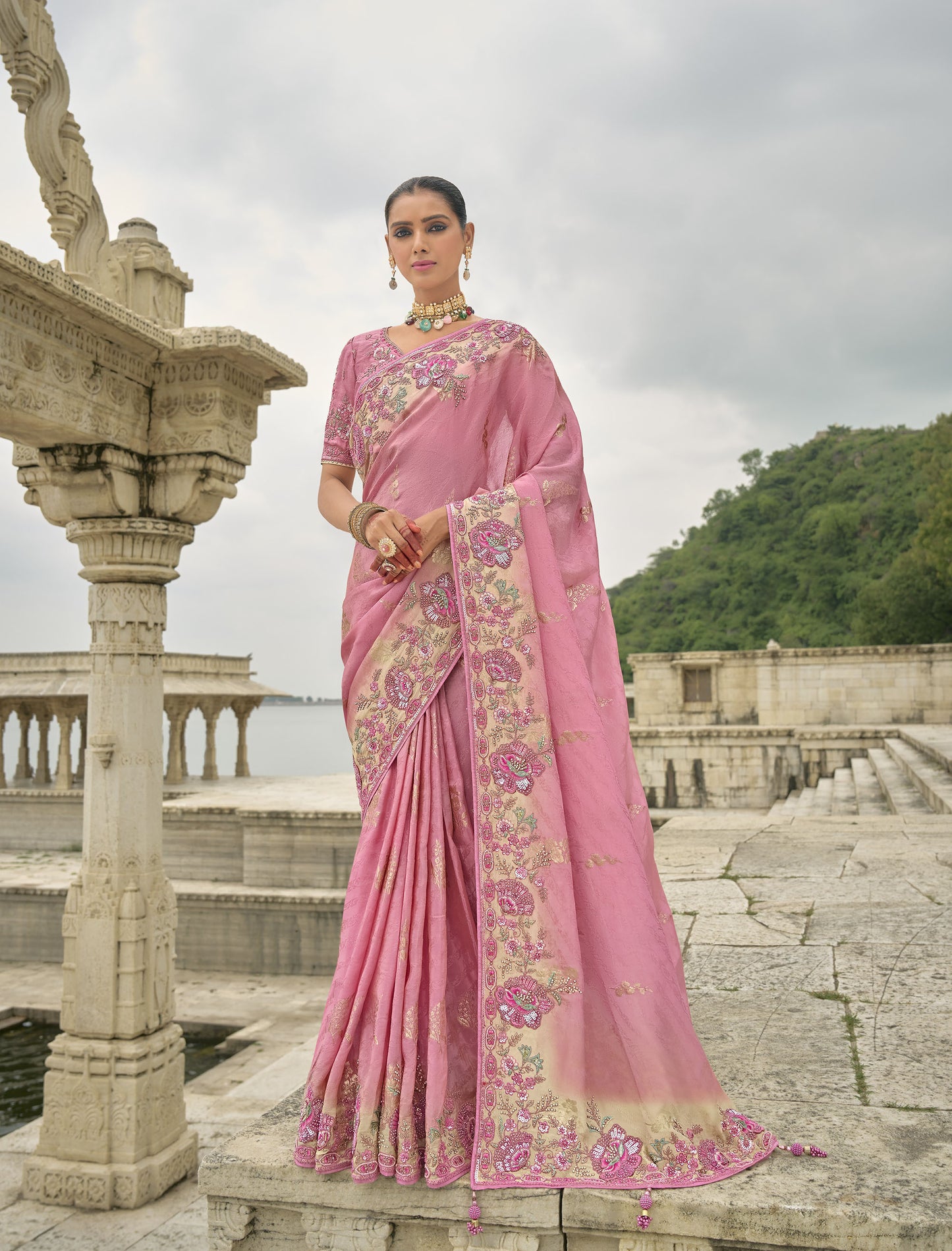 Pink Pure Viscose Jacquard Khatli, Zari Embroidered Party Wear Saree