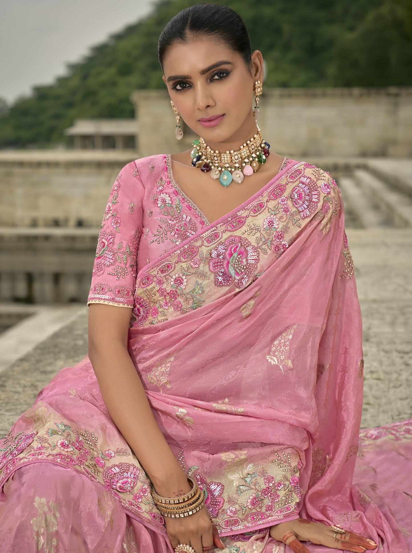 Pink Pure Viscose Jacquard Khatli, Zari Embroidered Party Wear Saree