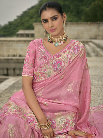 Pink Pure Viscose Jacquard Khatli, Zari Embroidered Party Wear Saree