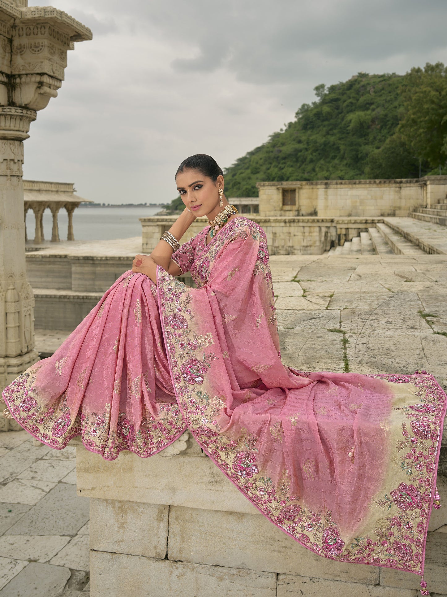 Pink Pure Viscose Jacquard Khatli, Zari Embroidered Party Wear Saree