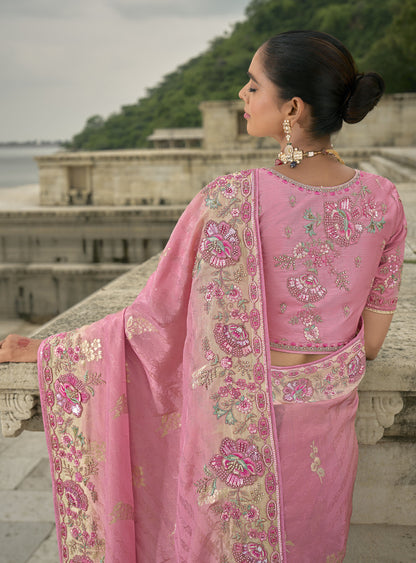 Pink Pure Viscose Jacquard Khatli, Zari Embroidered Party Wear Saree
