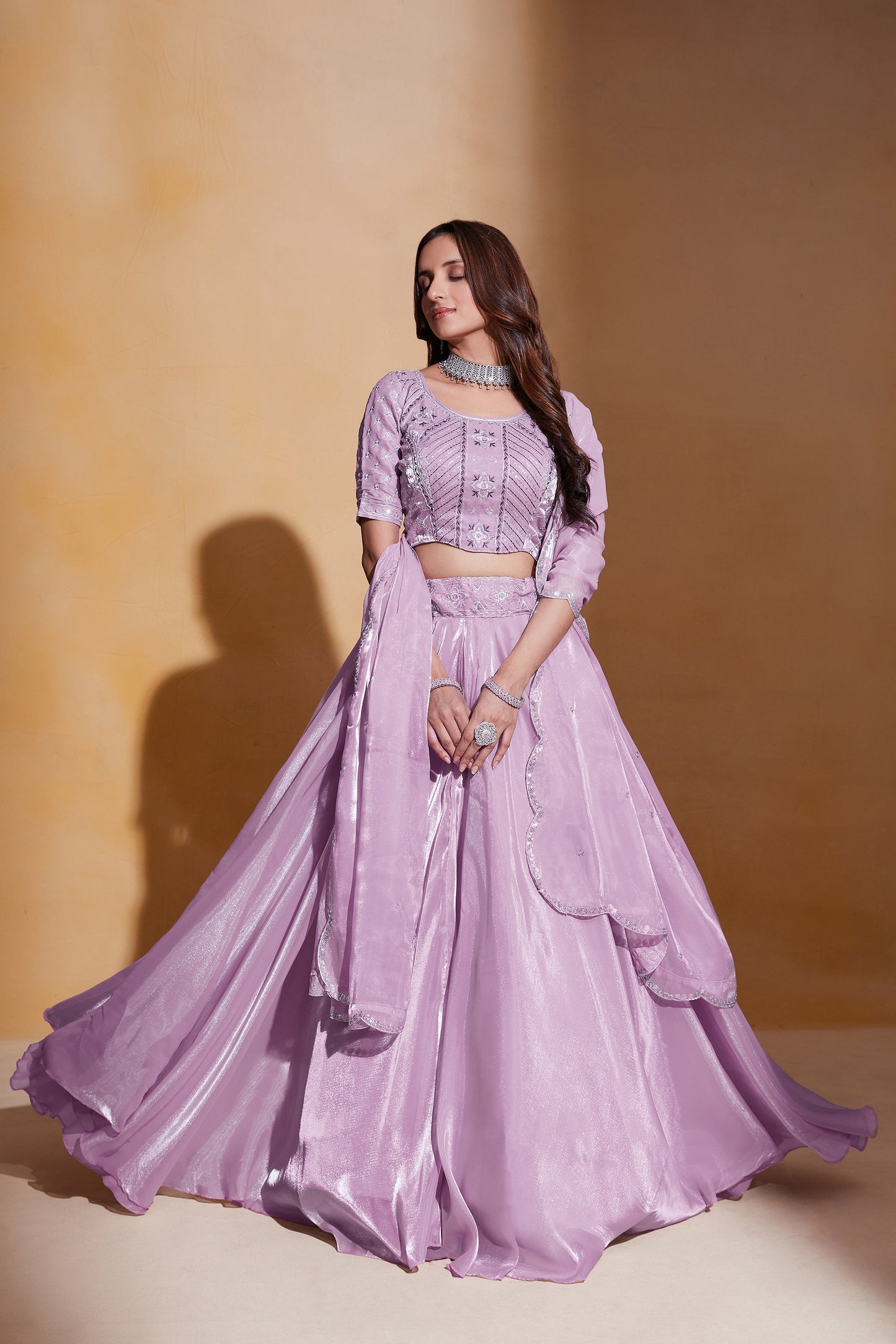 Light Purple Organza Silk Sequins Embroidery Lehenga