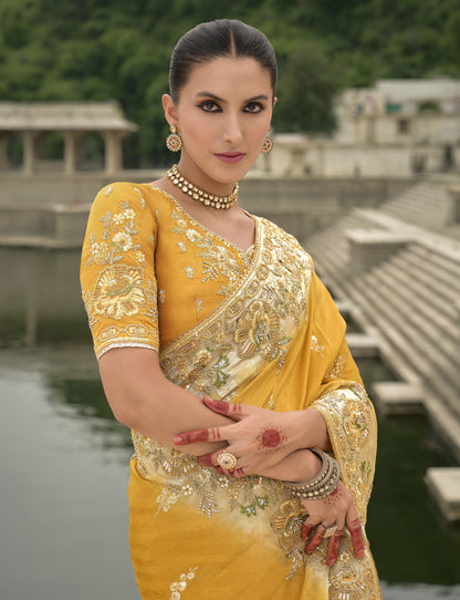 Yellow Pure Viscose Jacquard Khatli, Zari Embroidered Saree