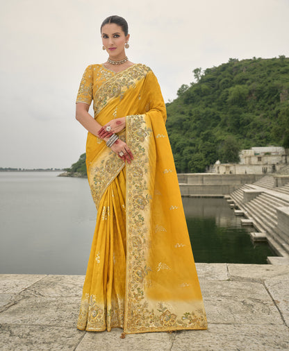 Yellow Pure Viscose Jacquard Khatli, Zari Embroidered Saree