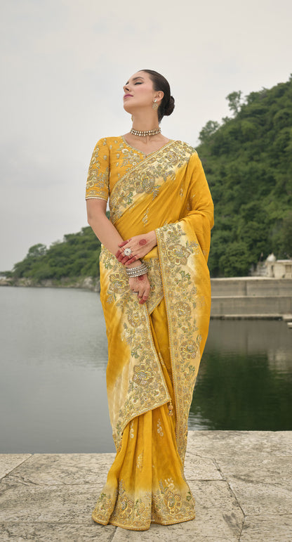Yellow Pure Viscose Jacquard Khatli, Zari Embroidered Saree