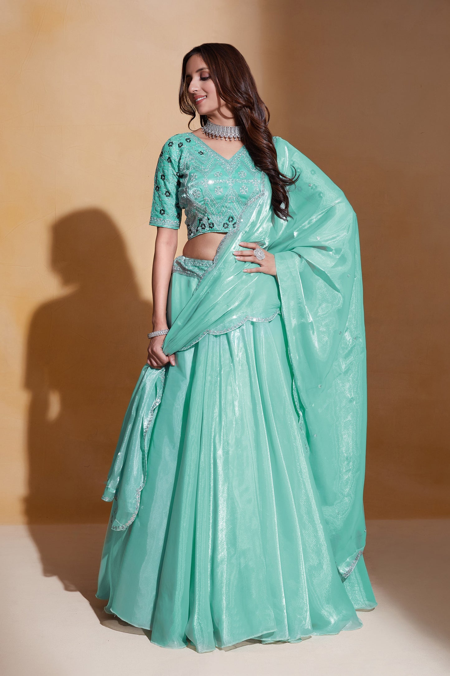 Sea Green Organza Silk Sequins Embroidery Lehenga