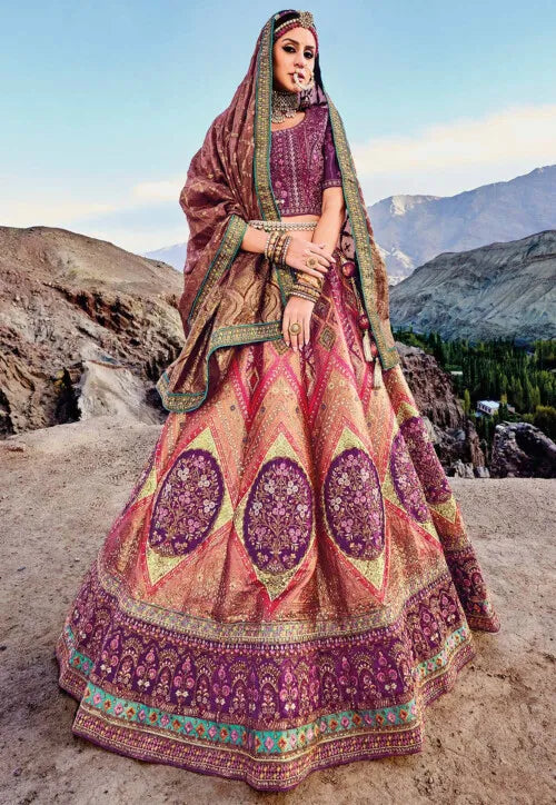 Dark Pink Zari, Resham Art Silk A line Bridal Lehenga Ladakh