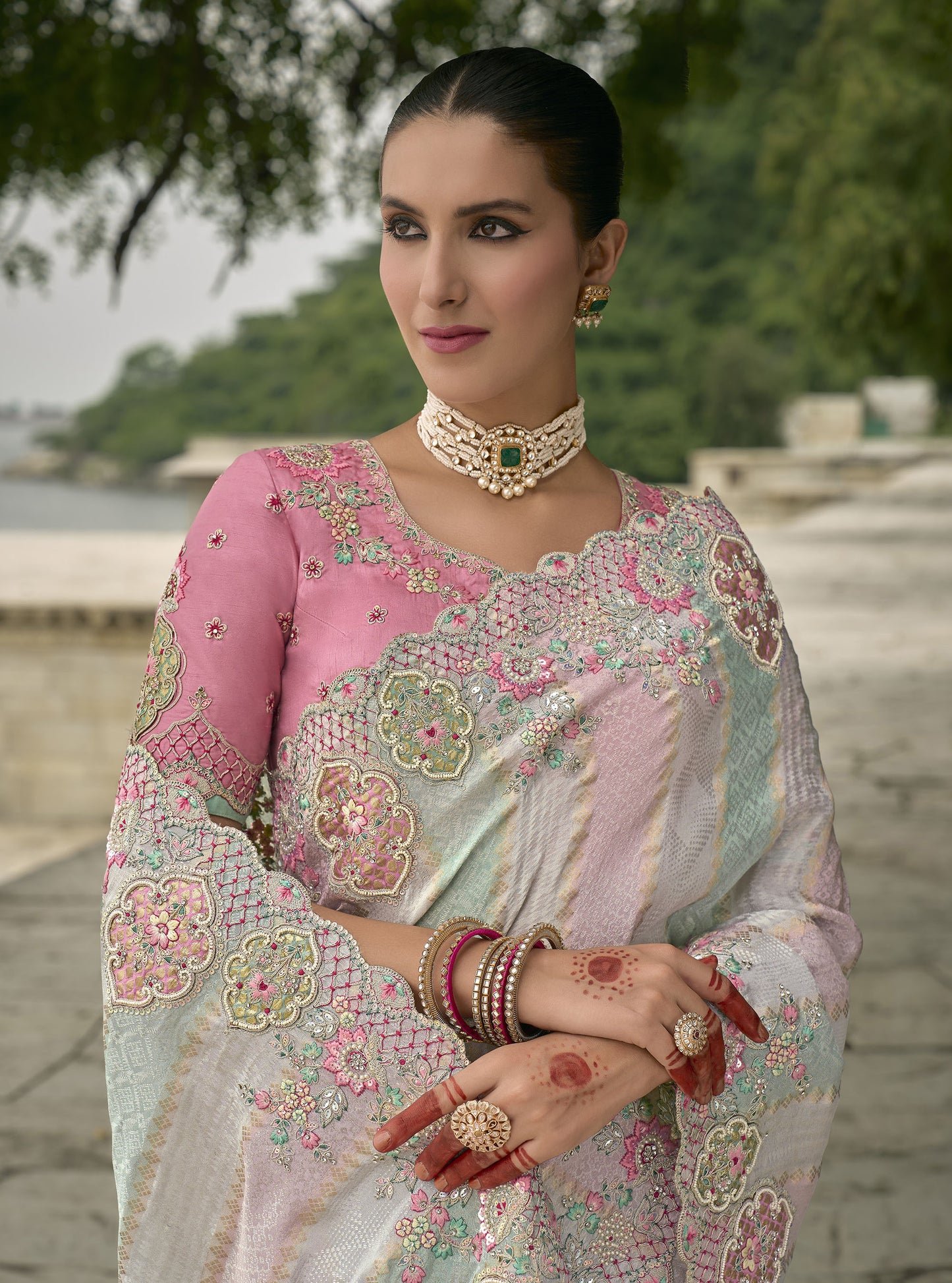Pink and Sea Green Pure Viscose Jacquard Khatli, Zari Embroidered Saree