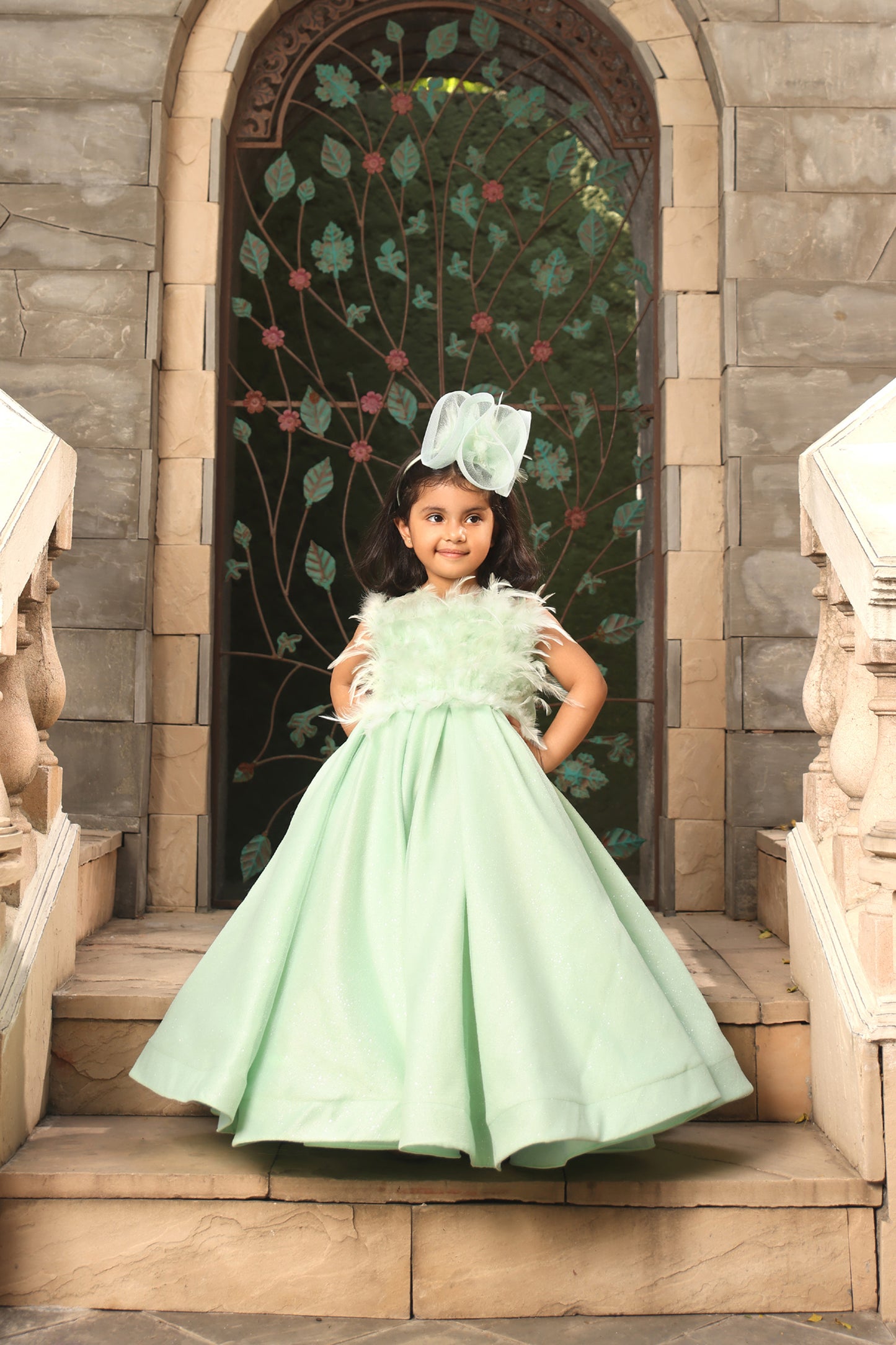 Pista Green Gown with Fur on Yoke