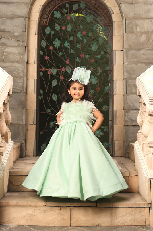 Pista Green Gown with Fur on Yoke