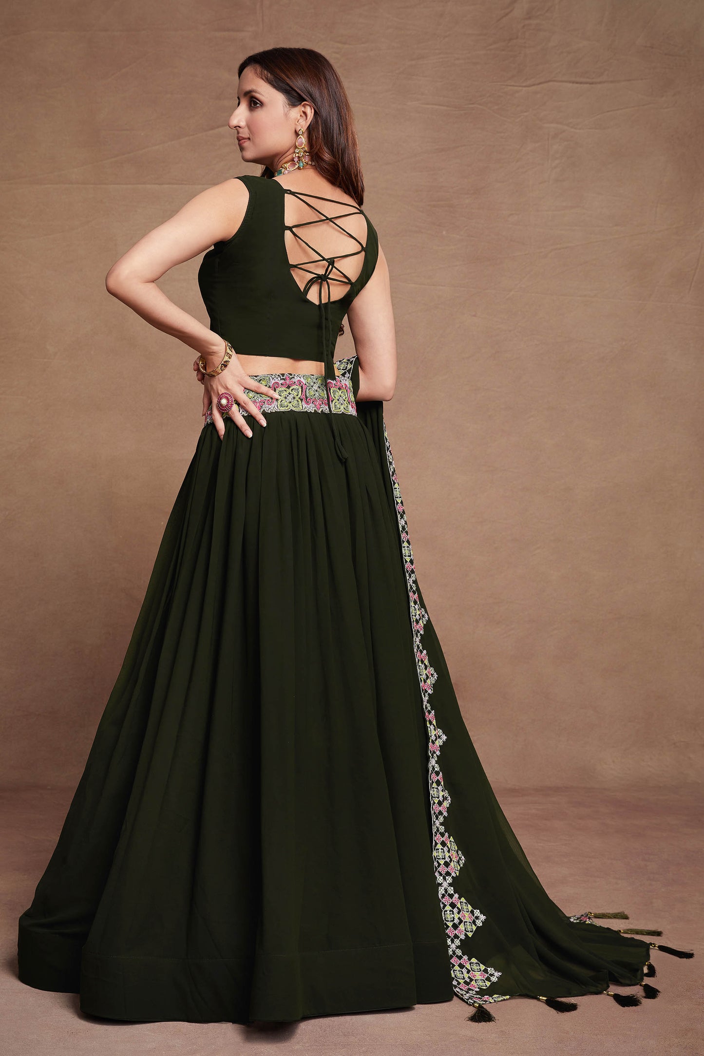Dark Green Georgette Thread Embroidery Lehenga