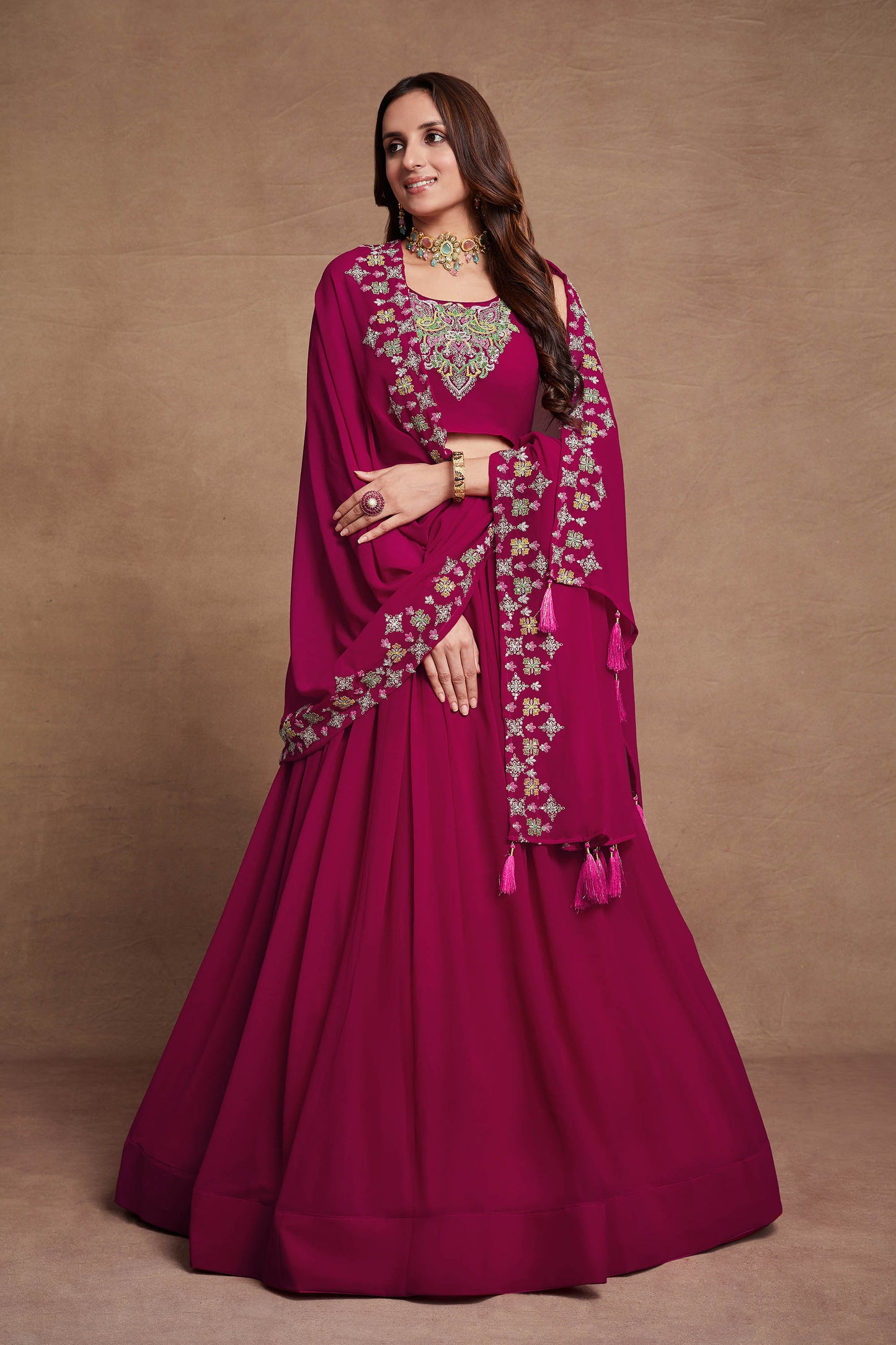 Pink Georgette Thread Embroidery Lehenga