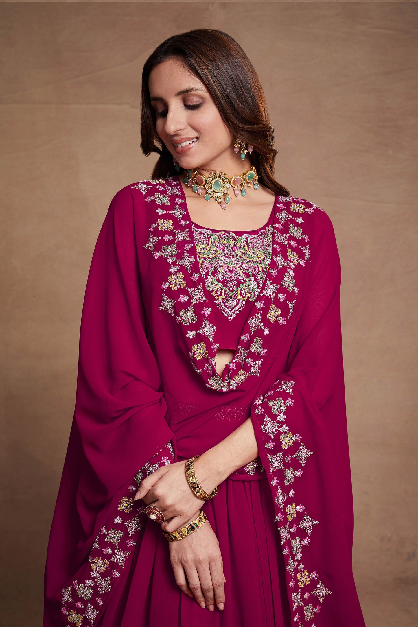 Pink Georgette Thread Embroidery Lehenga